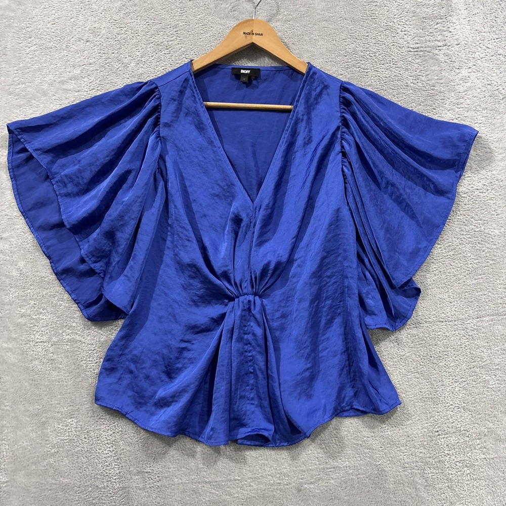 DKNY Blouse Top Women's L Satin Royal Blue Dramatic Flutter Sleeves